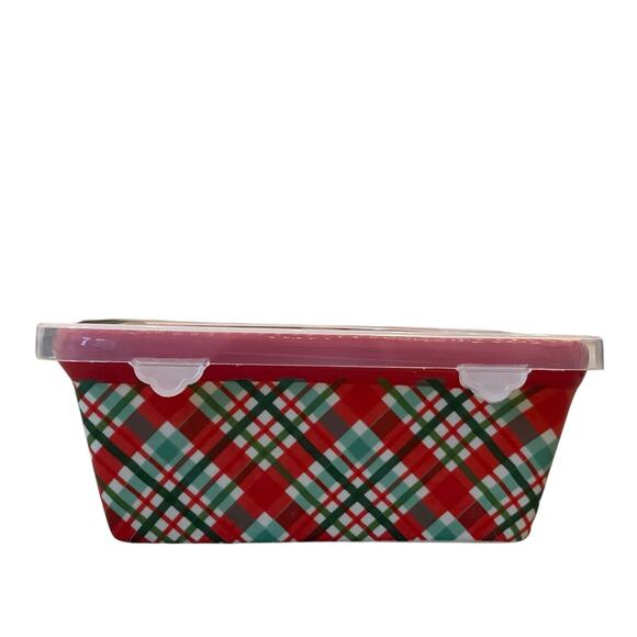 Temptations by Tara Mini Ceramic Loaf Pan w/ Lid 12oz Holiday Plaid Red Green - Picture 5 of 13